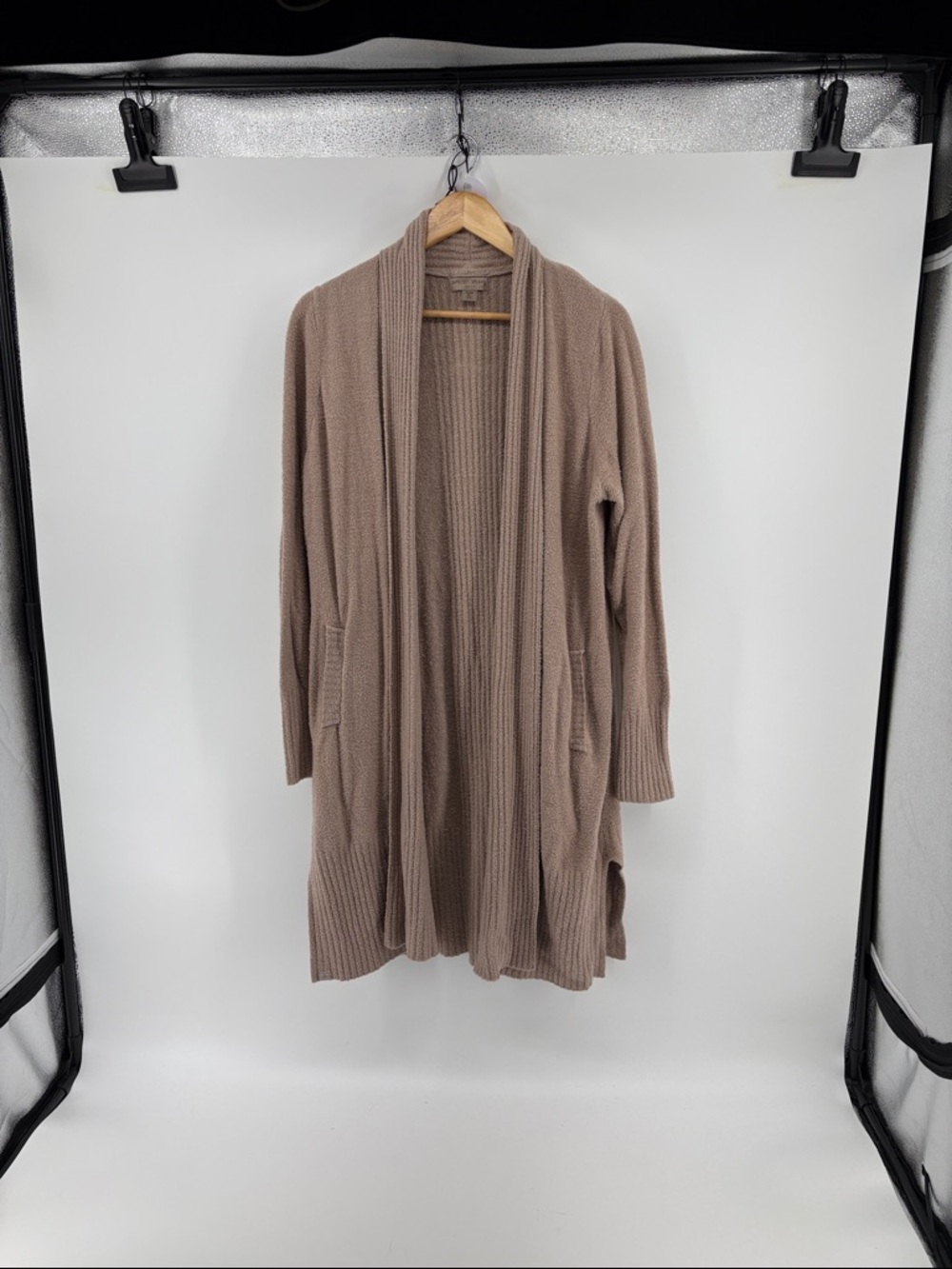 Barefoot Dreams Open-Front Ribbed Long Cardigan - Taupe